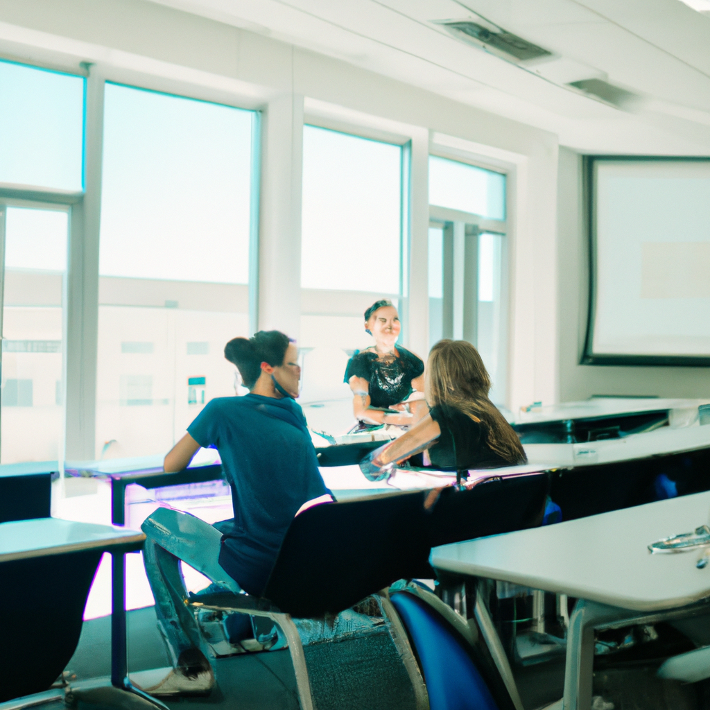 Students discussing questions in a modern minimalist classroom